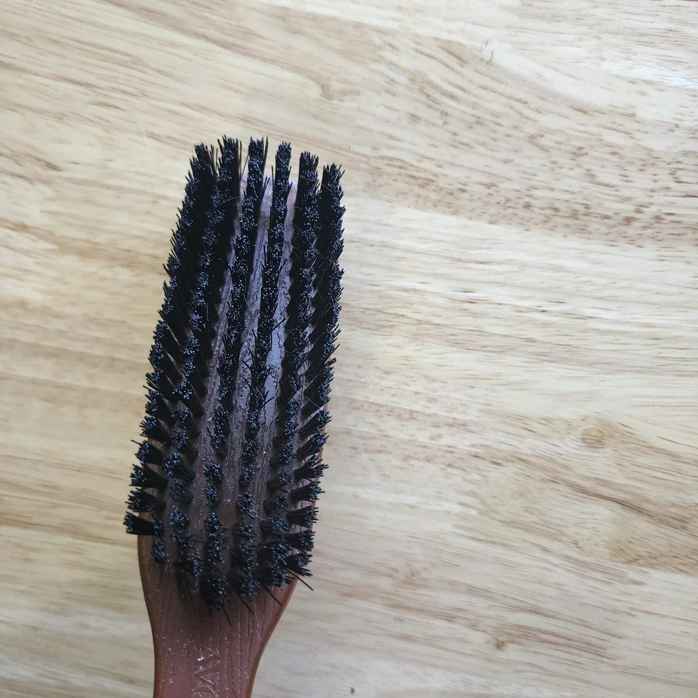Vintage Avon Faux Wood Grain Hair Brush Black Bristles Brown Plastic Handle